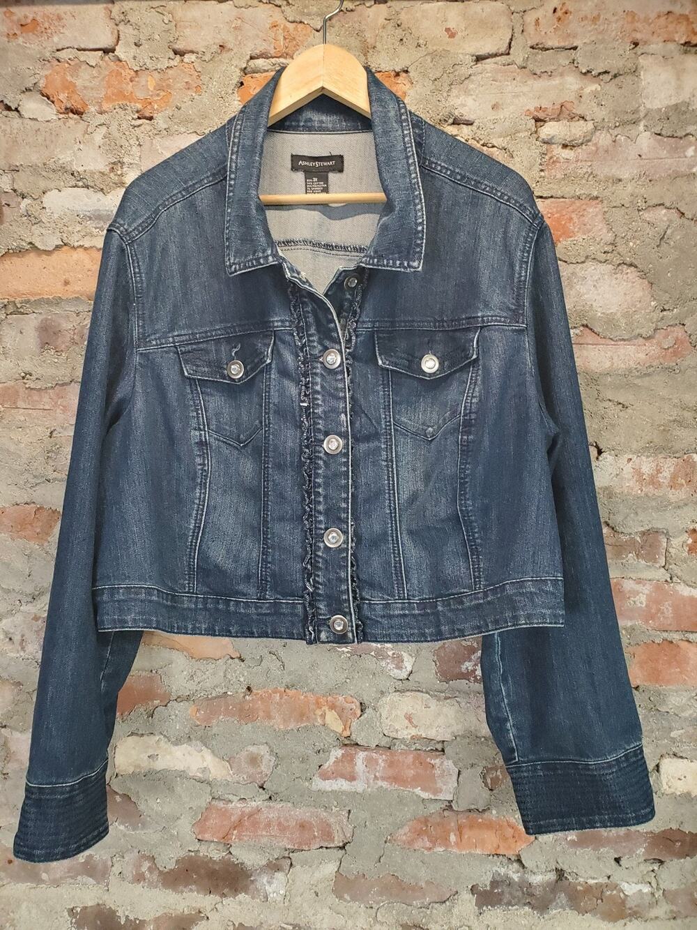 Ashley Stewart Womens Denim Jacket 3X Dark Wash Blue Ruffle Cropped Button Front